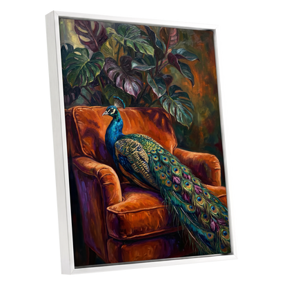 Peacock in Amber, green, orange, blue nature wall art shown as a white framed canvas wall art