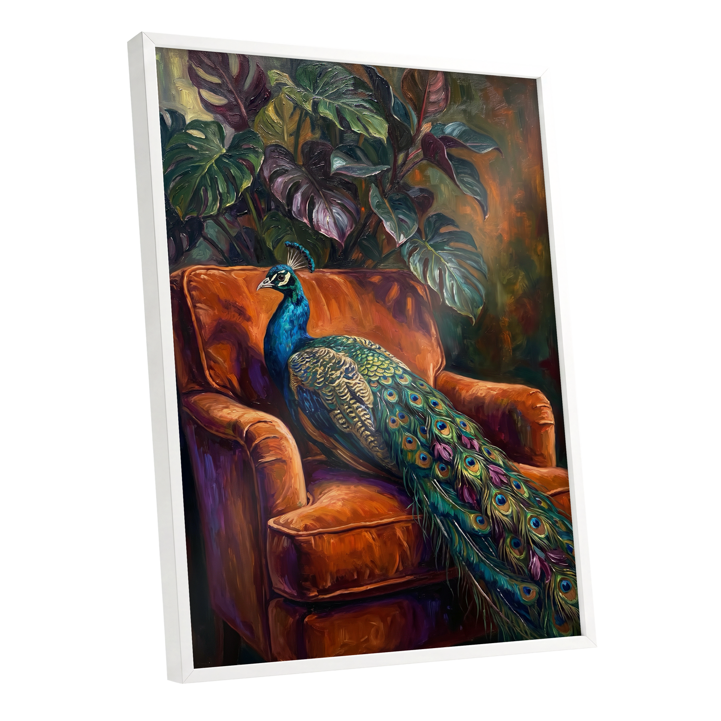 Peacock in Amber, green, orange, blue nature wall art shown as a white framed poster wall art print