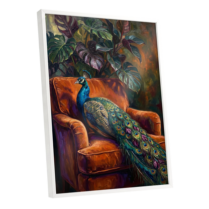 Peacock in Amber, green, orange, blue nature wall art shown as a white framed poster wall art print