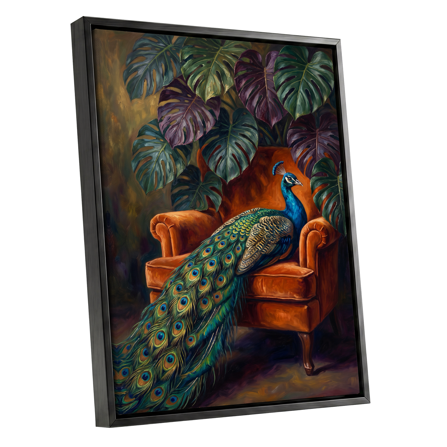 Peacock's Velvet Throne, green, blue, orange nature wall art shown as a black framed canvas wall art