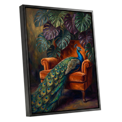 Peacock's Velvet Throne, green, blue, orange nature wall art shown as a black framed canvas wall art