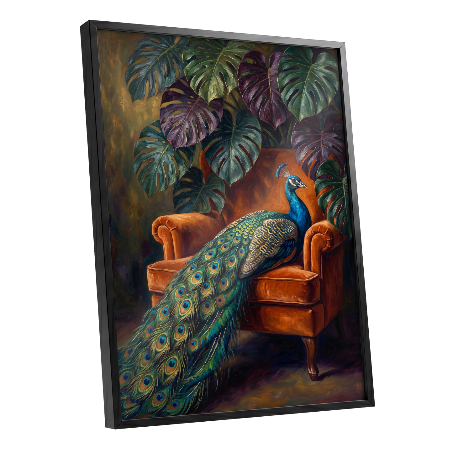 Peacock's Velvet Throne, green, blue, orange nature wall art shown as a black framed poster wall art print