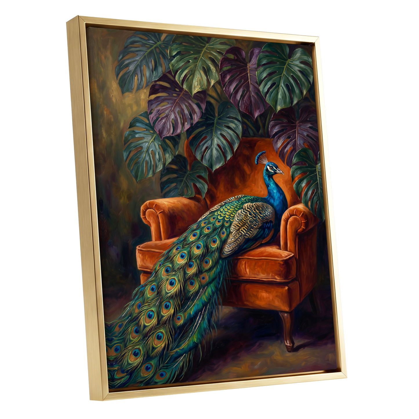 Peacock's Velvet Throne, green, blue, orange nature wall art shown as a gold framed canvas wall art