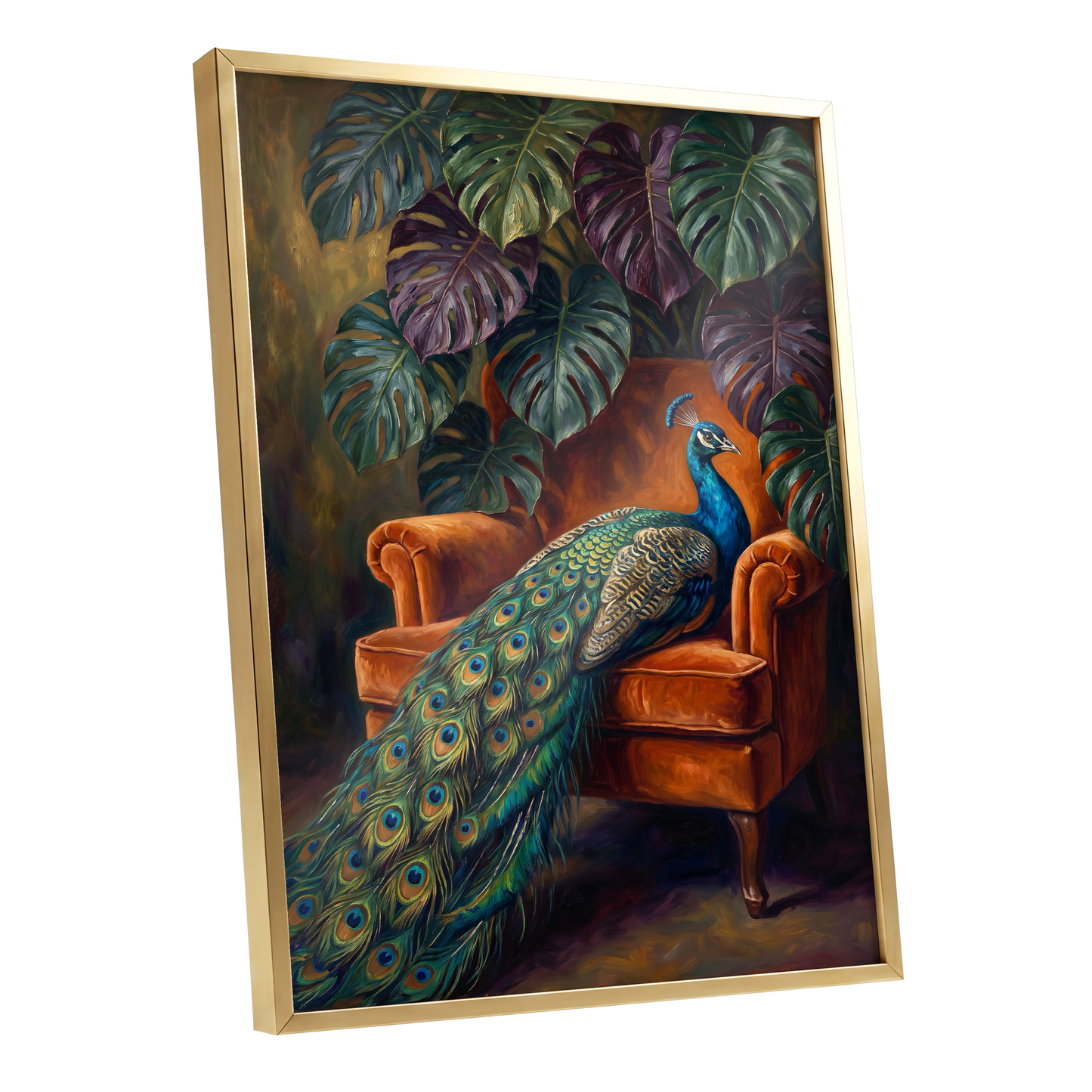 Peacock's Velvet Throne, green, blue, orange nature wall art shown as a gold framed poster wall art print
