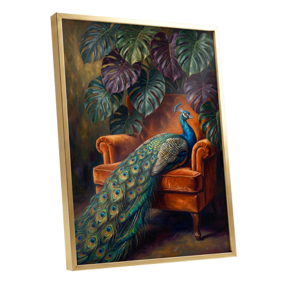 Peacock's Velvet Throne, green, blue, orange nature wall art shown as a gold framed poster wall art print