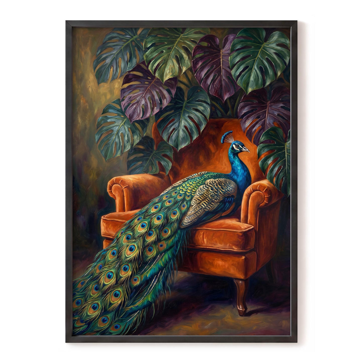 Peacock's Velvet Throne, green, blue, orange nature wall art, front artwork view