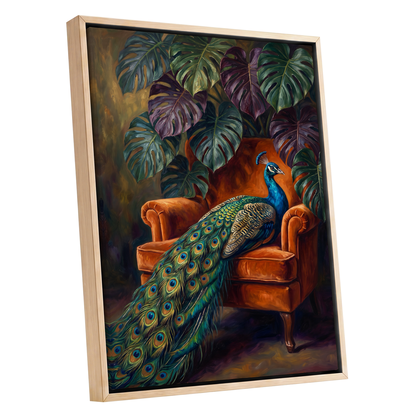 Peacock's Velvet Throne, green, blue, orange nature wall art shown as a oak framed canvas wall art