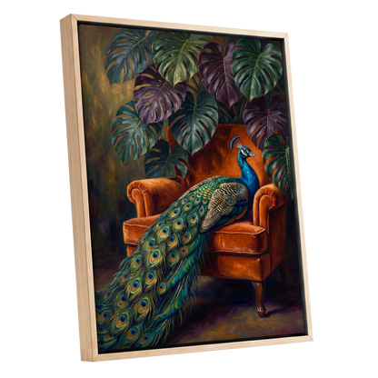 Peacock's Velvet Throne, green, blue, orange nature wall art shown as a oak framed canvas wall art