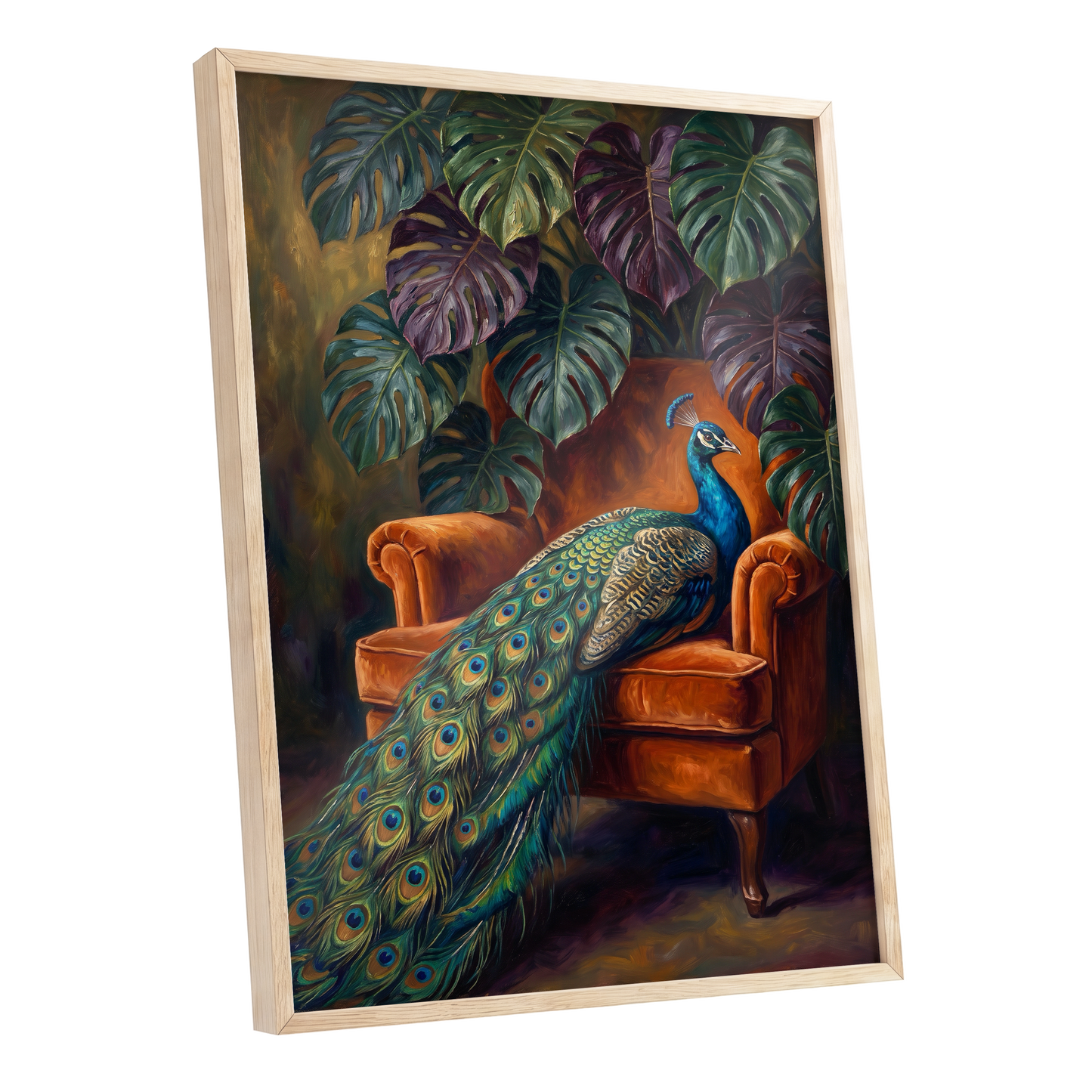 Peacock's Velvet Throne, green, blue, orange nature wall art shown as a oak framed poster wall art print