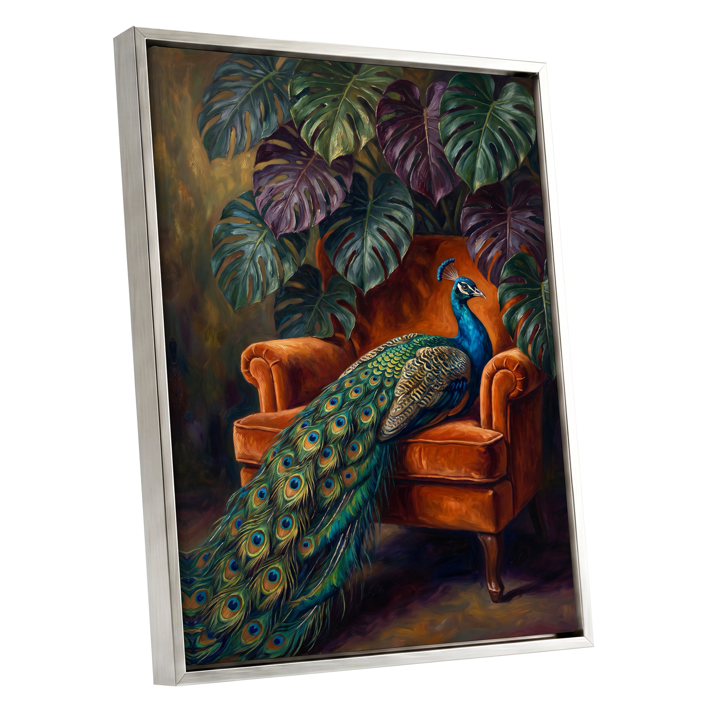 Peacock's Velvet Throne, green, blue, orange nature wall art shown as a silver framed canvas wall art