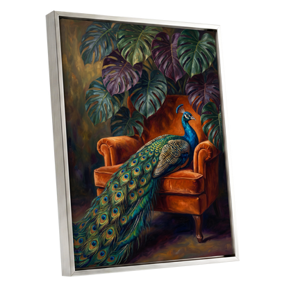 Peacock's Velvet Throne, green, blue, orange nature wall art shown as a silver framed canvas wall art