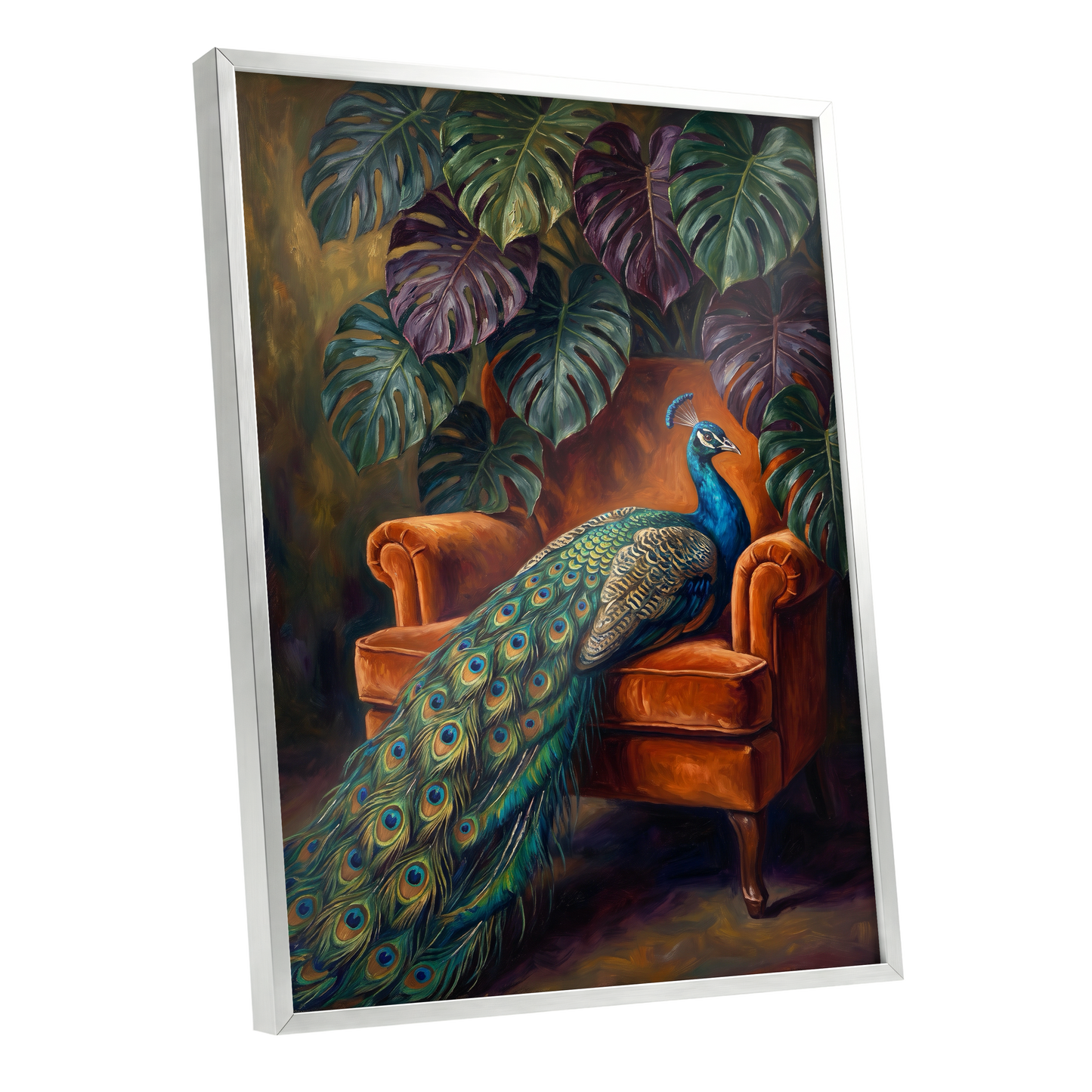 Peacock's Velvet Throne, green, blue, orange nature wall art shown as a silver framed poster wall art print