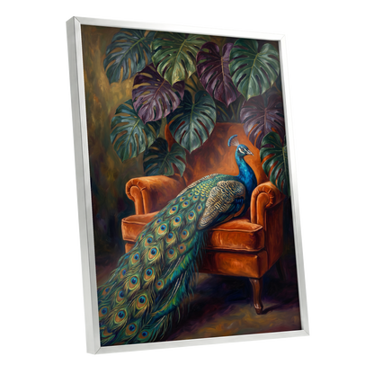 Peacock's Velvet Throne, green, blue, orange nature wall art shown as a silver framed poster wall art print
