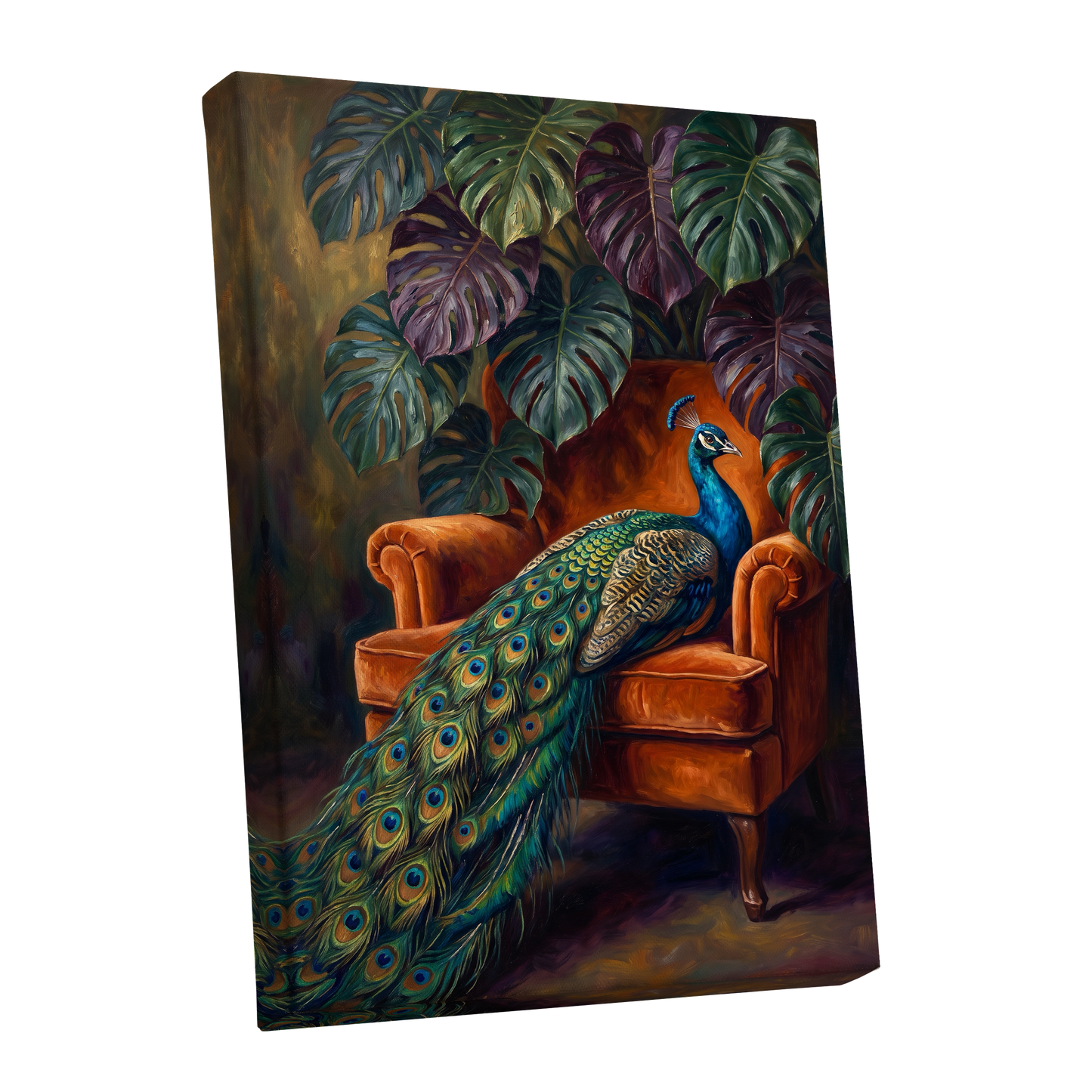Peacock's Velvet Throne, green, blue, orange nature wall art shown as a stretched canvas wall art