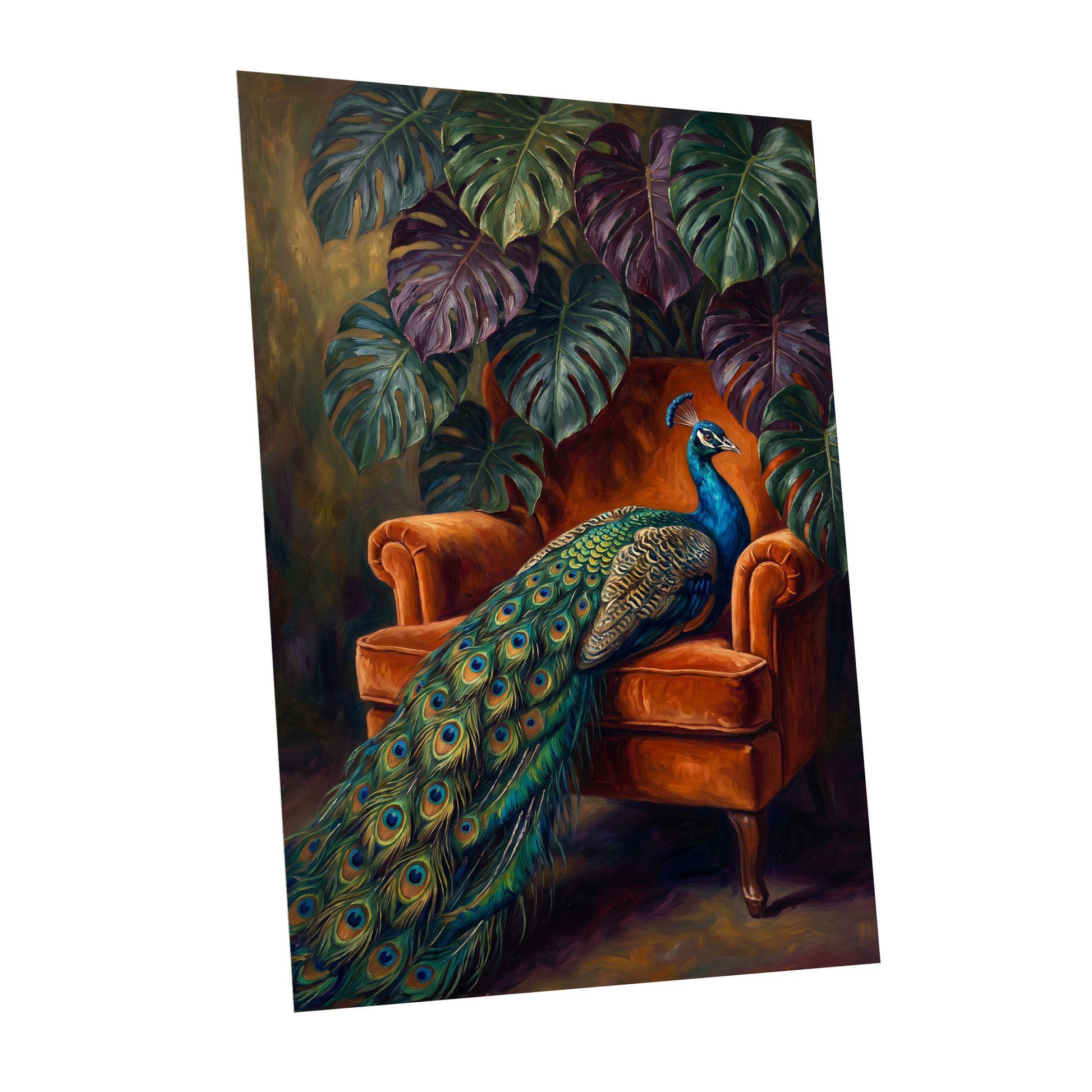 Peacock's Velvet Throne, green, blue, orange nature wall art shown as a unframed poster wall art print