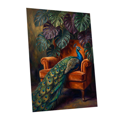 Peacock's Velvet Throne, green, blue, orange nature wall art shown as a unframed poster wall art print