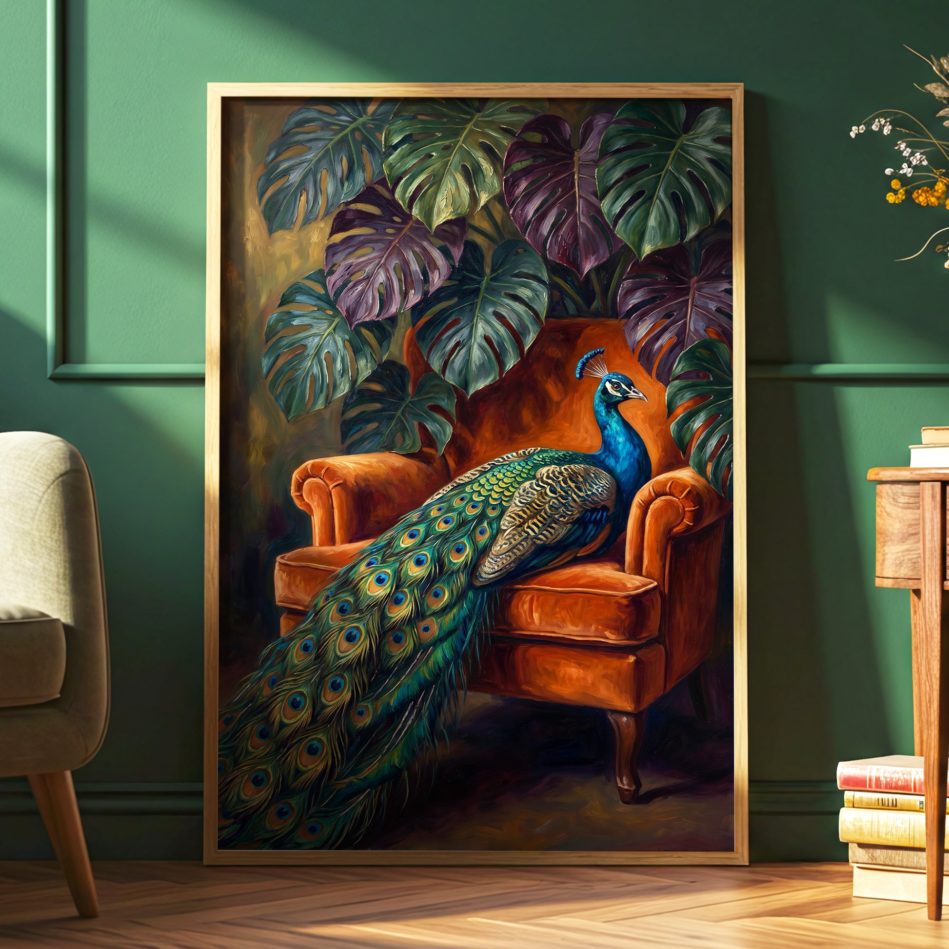 Peacock's Velvet Throne, green, blue, orange nature wall art displayed in a styled interior, gallery view 2