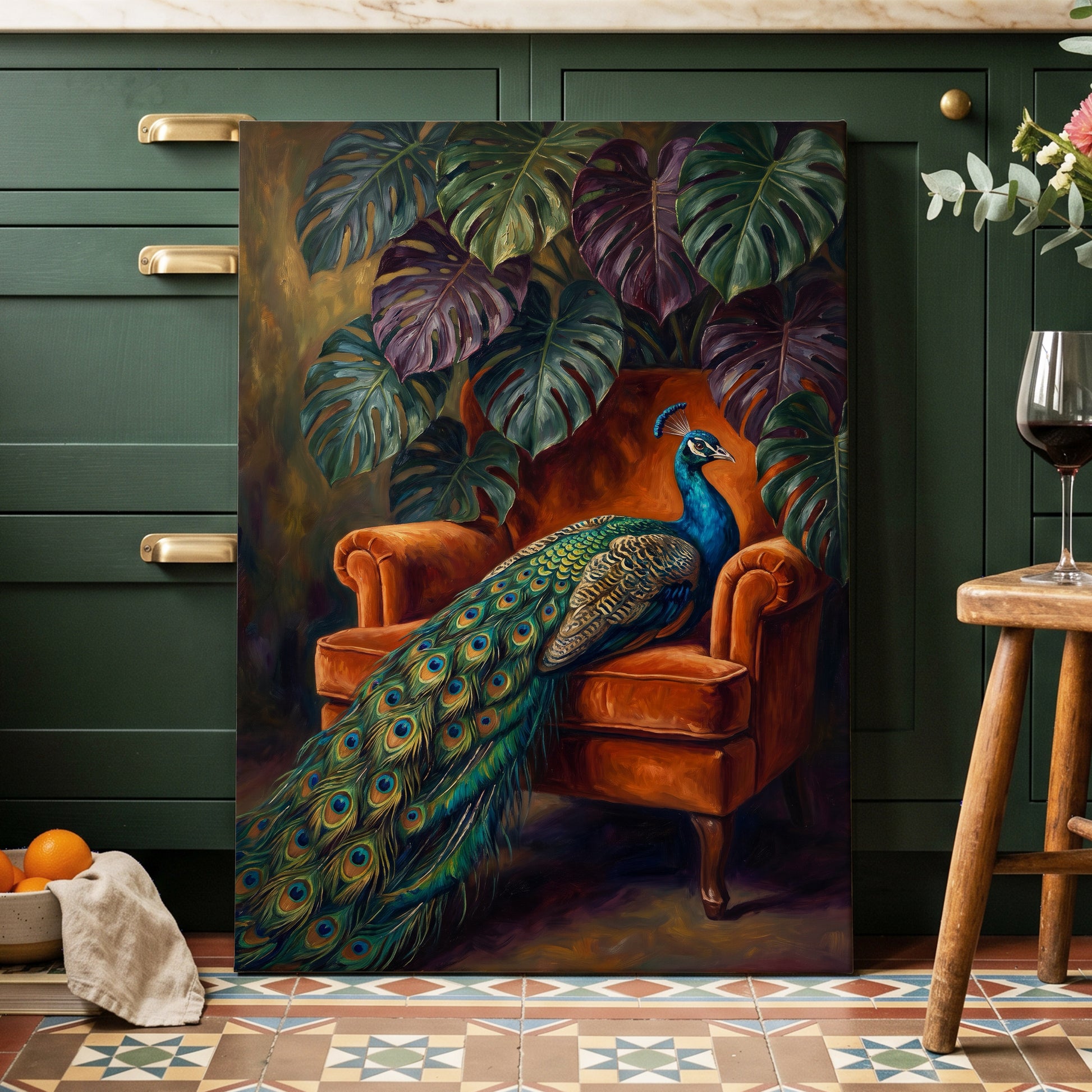 Peacock's Velvet Throne, green, blue, orange nature wall art displayed in a styled interior, gallery view 3