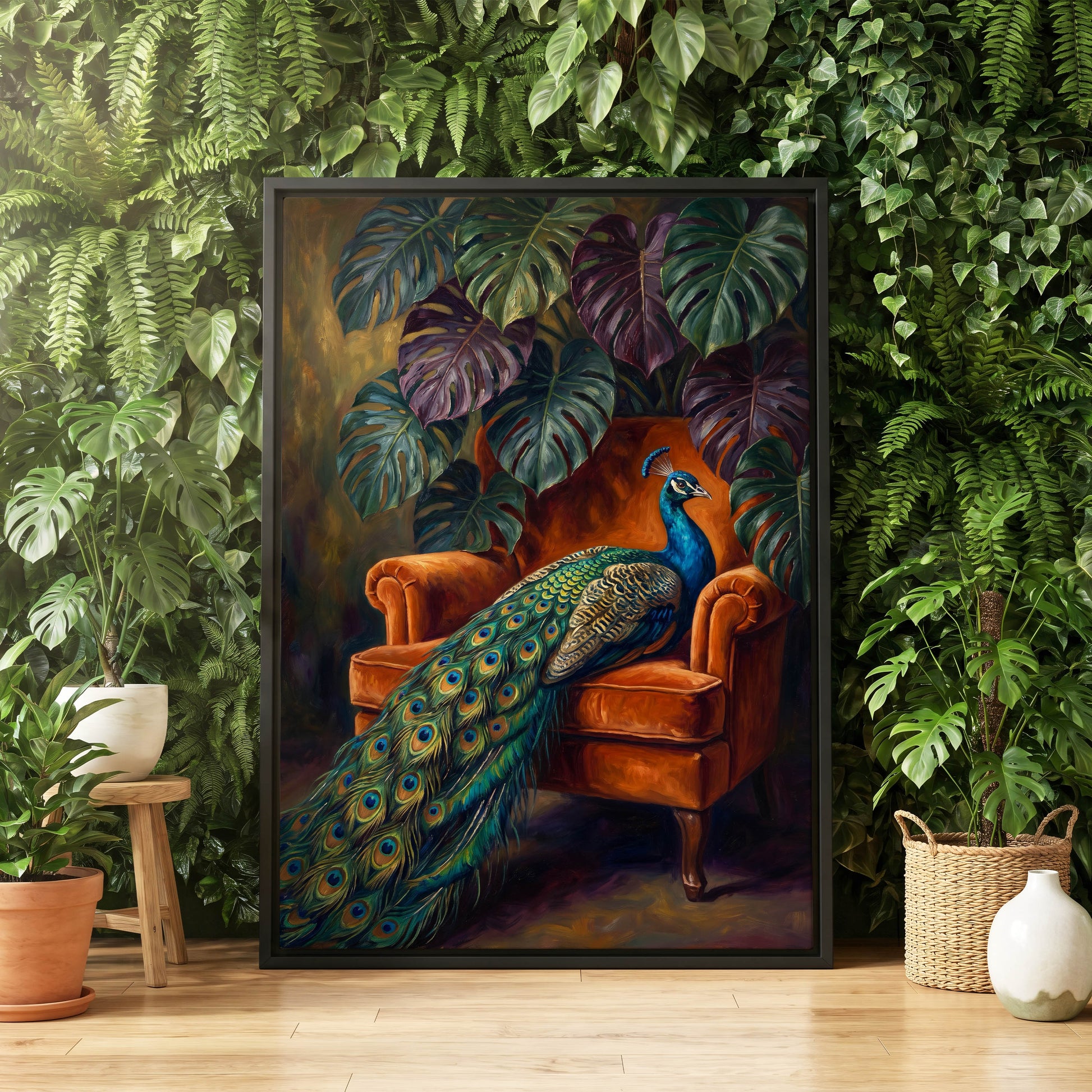Peacock's Velvet Throne, green, blue, orange nature wall art displayed in a styled interior, gallery view 4