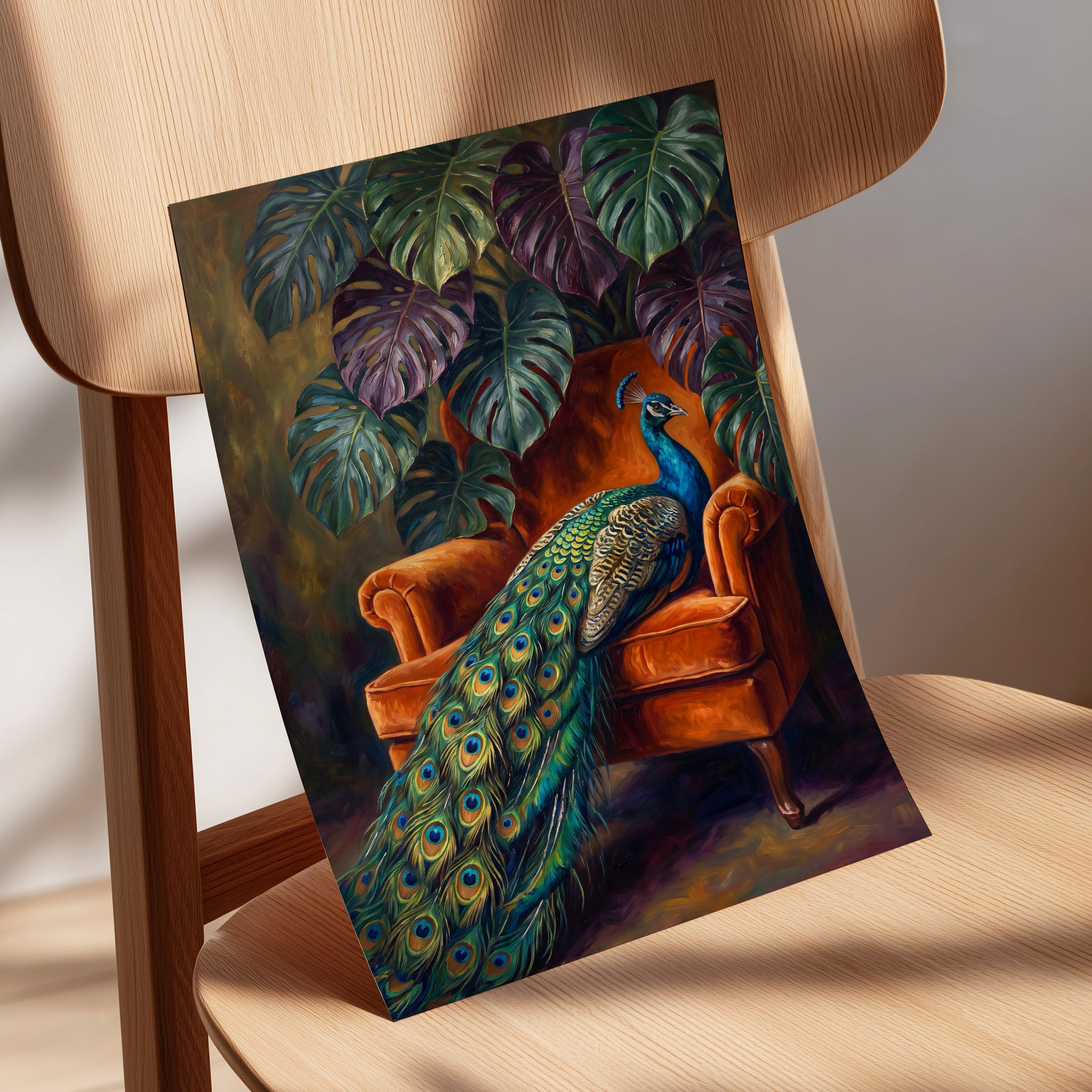 Peacock's Velvet Throne, green, blue, orange nature wall art displayed in a styled interior, gallery view 5