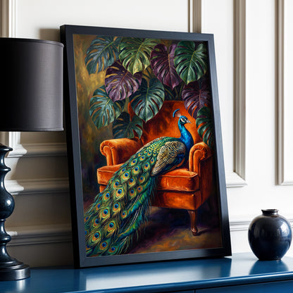 Peacock's Velvet Throne, green, blue, orange nature wall art displayed in a styled interior, gallery view 6