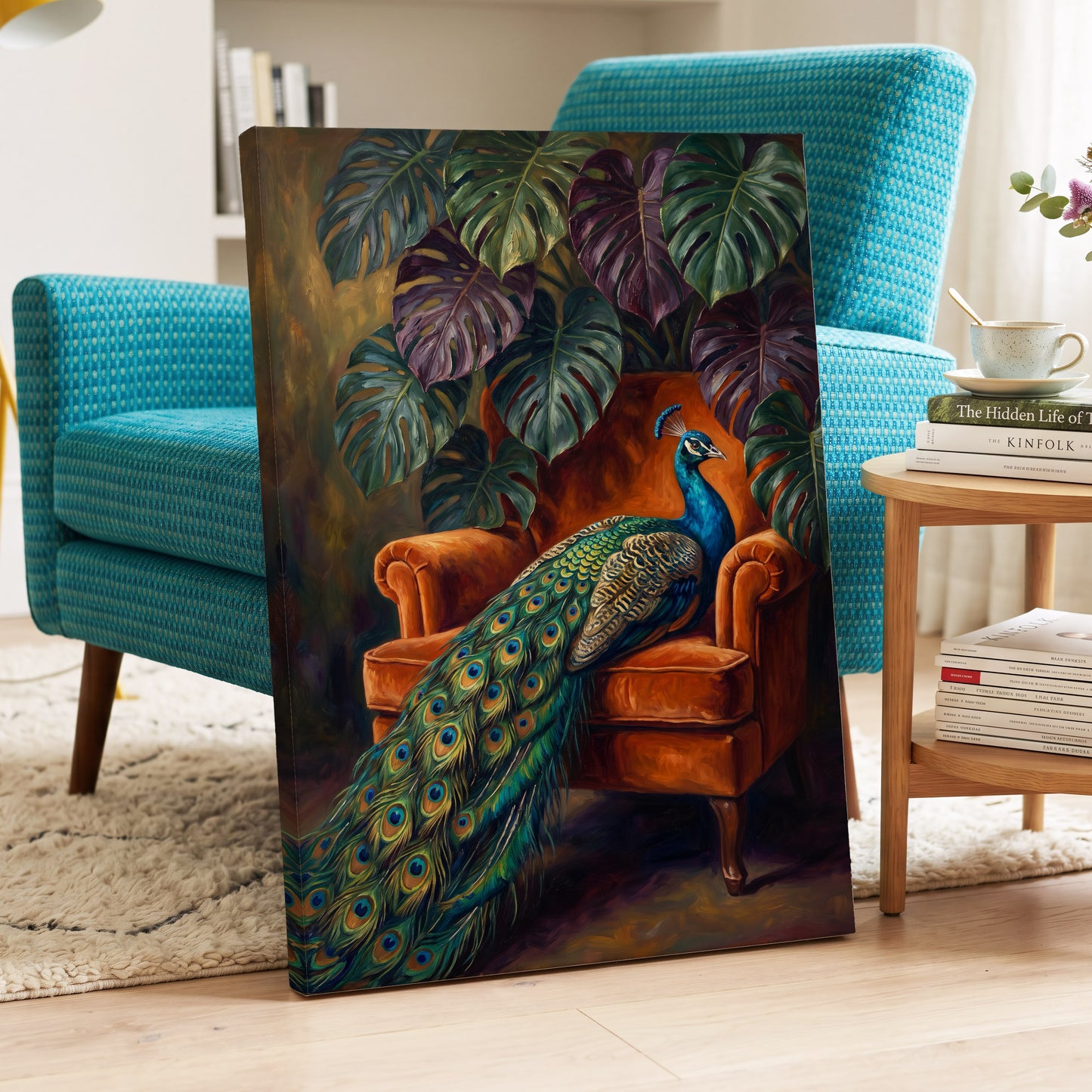 Peacock's Velvet Throne, green, blue, orange nature wall art displayed in a styled interior, gallery view 7