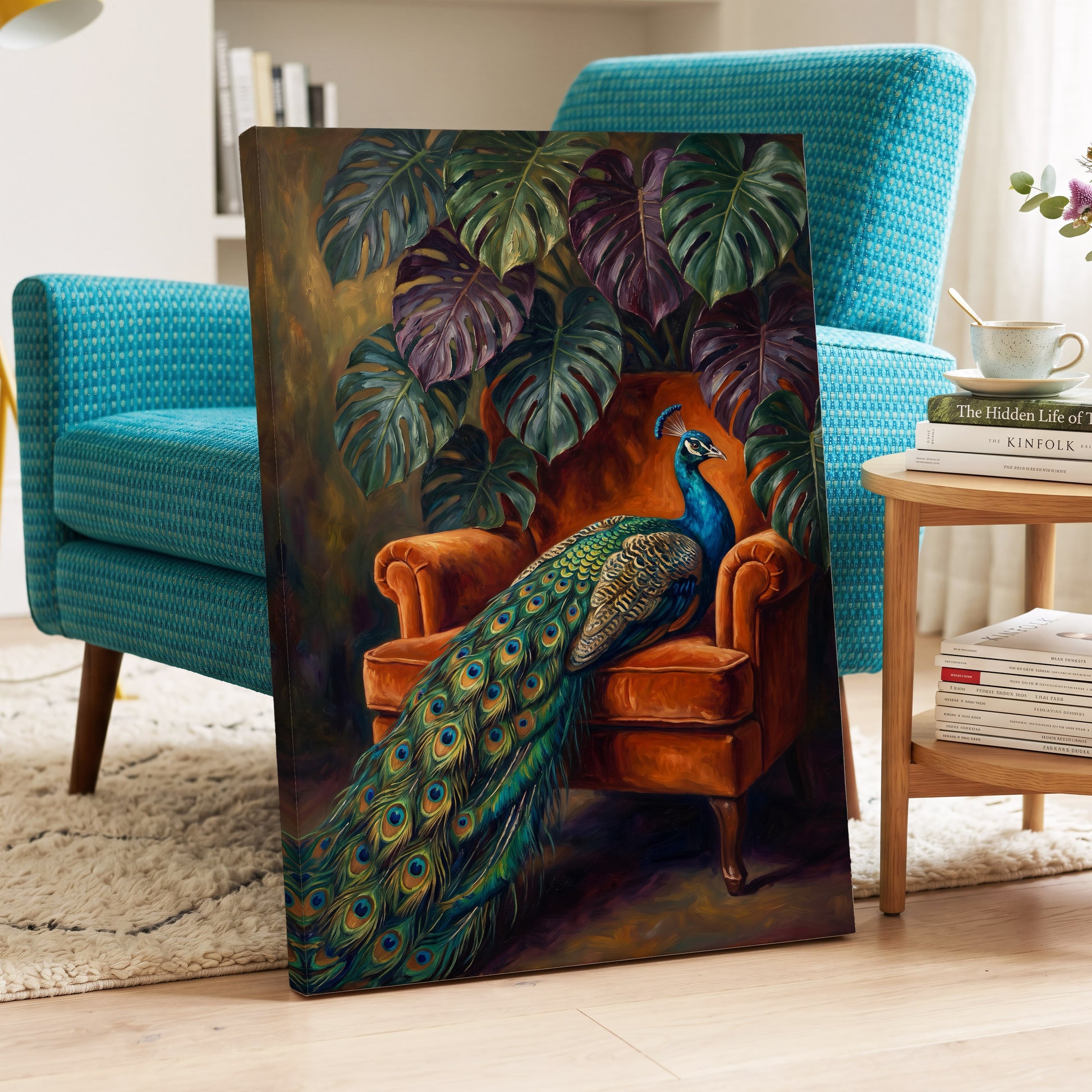 Peacock's Velvet Throne, green, blue, orange nature wall art displayed in a styled interior, gallery view 7