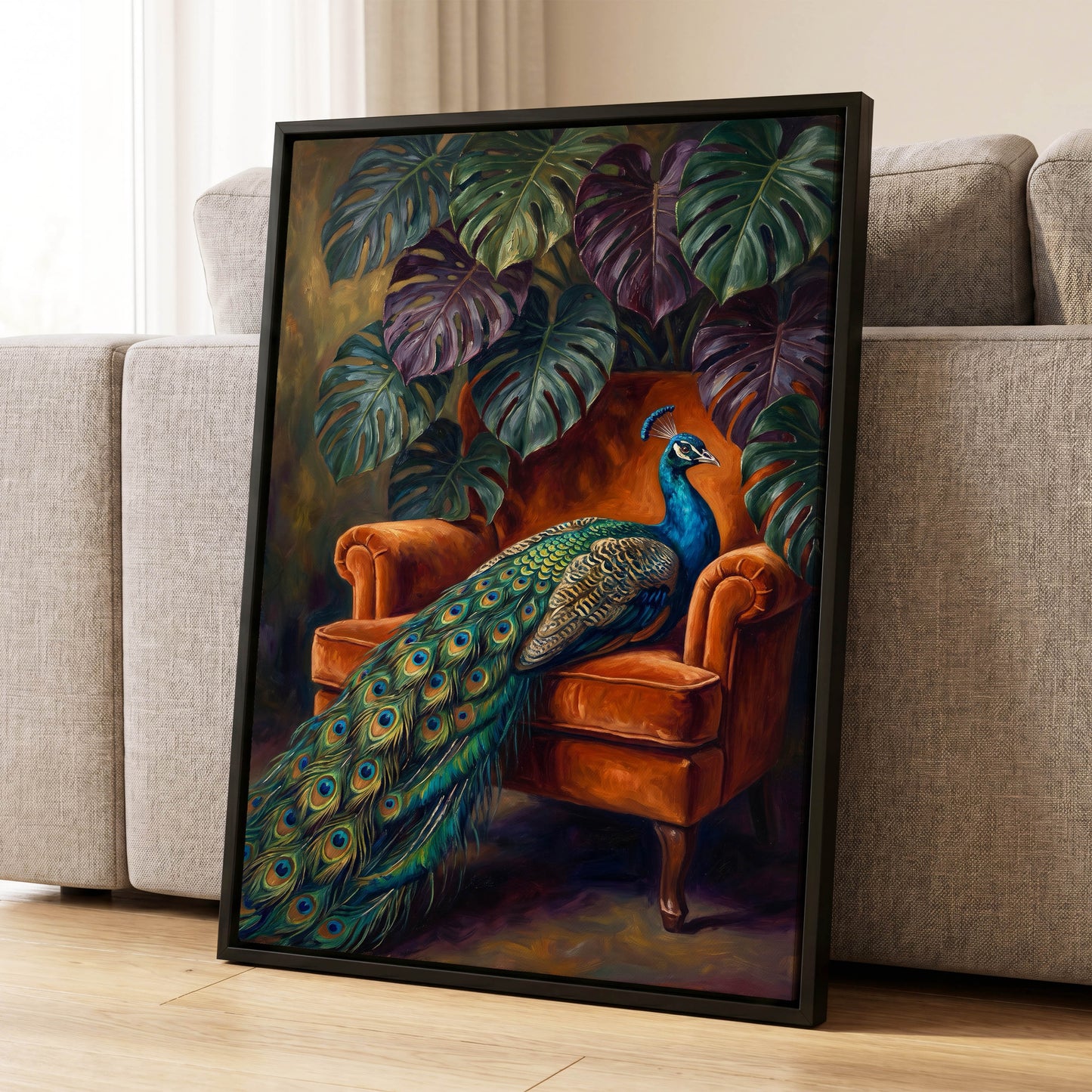 Peacock's Velvet Throne, green, blue, orange nature wall art displayed in a styled interior, gallery view 8