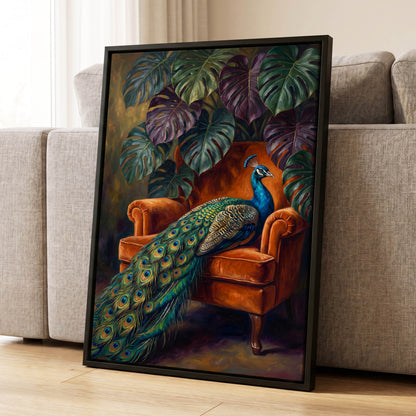 Peacock's Velvet Throne, green, blue, orange nature wall art displayed in a styled interior, gallery view 8