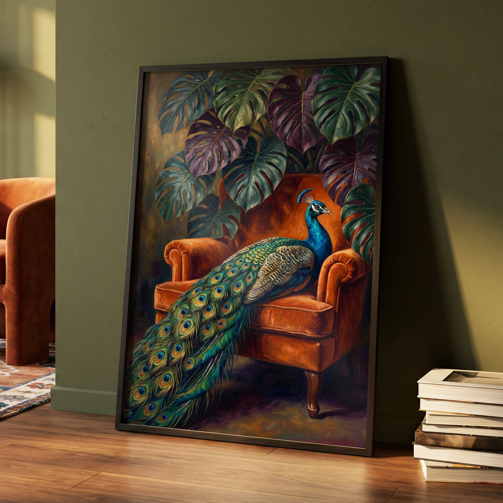 Peacock's Velvet Throne, green, blue, orange nature wall art displayed in a styled interior, gallery view 9
