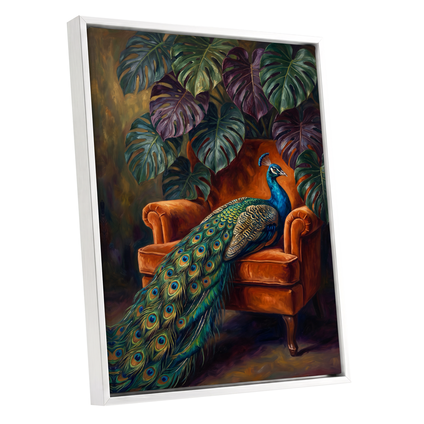 Peacock's Velvet Throne, green, blue, orange nature wall art shown as a white framed canvas wall art