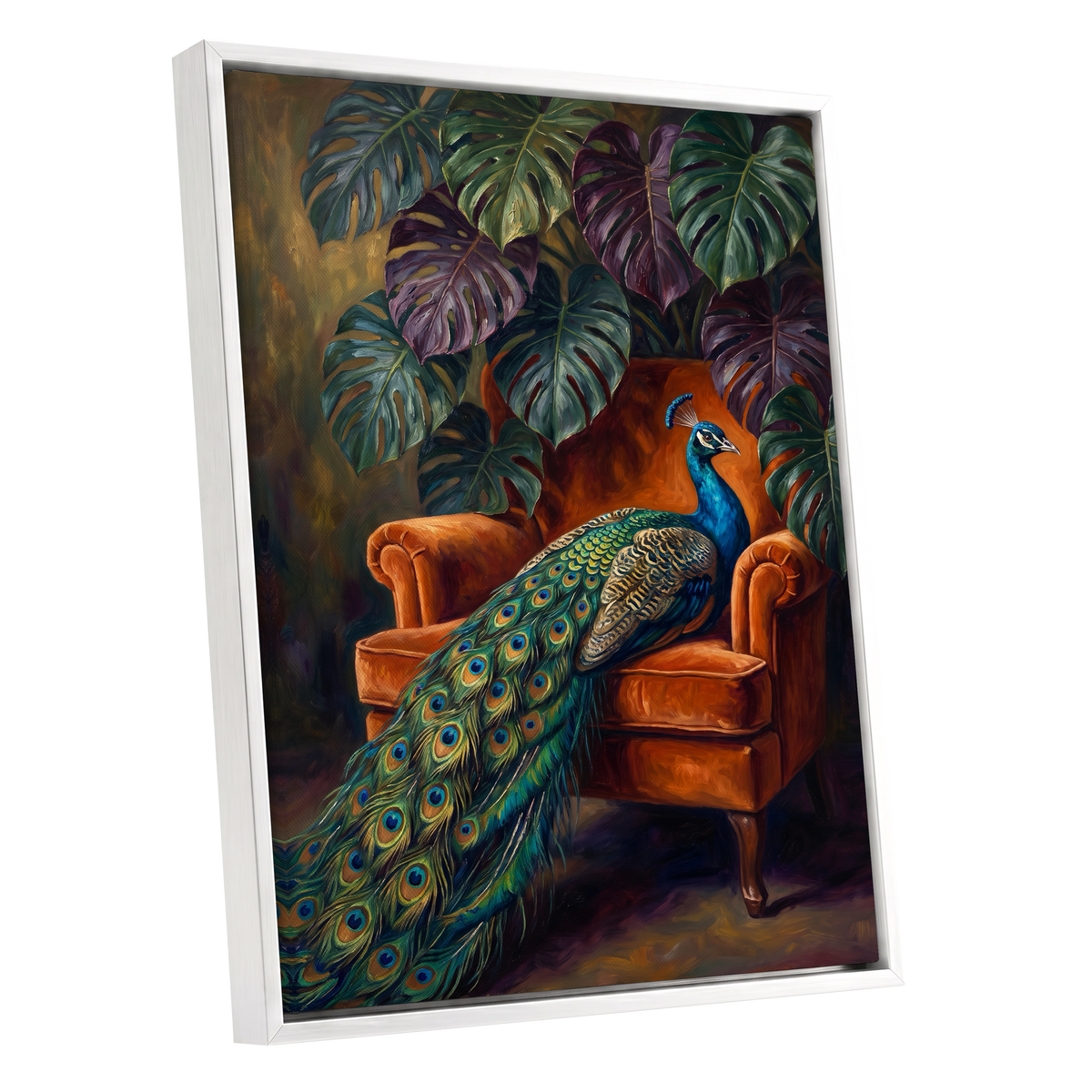 Peacock's Velvet Throne, green, blue, orange nature wall art shown as a white framed canvas wall art