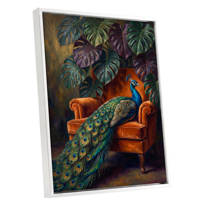Peacock's Velvet Throne, green, blue, orange nature wall art shown as a white framed canvas wall art