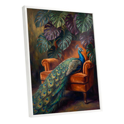 Peacock's Velvet Throne, green, blue, orange nature wall art shown as a white framed poster wall art print