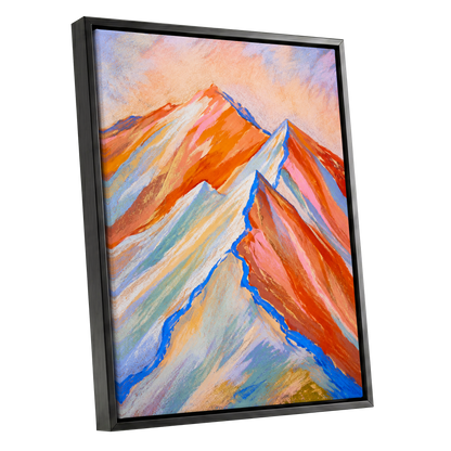 Peaks in Peach, orange, pink, blue nature wall art shown as a black framed canvas wall art