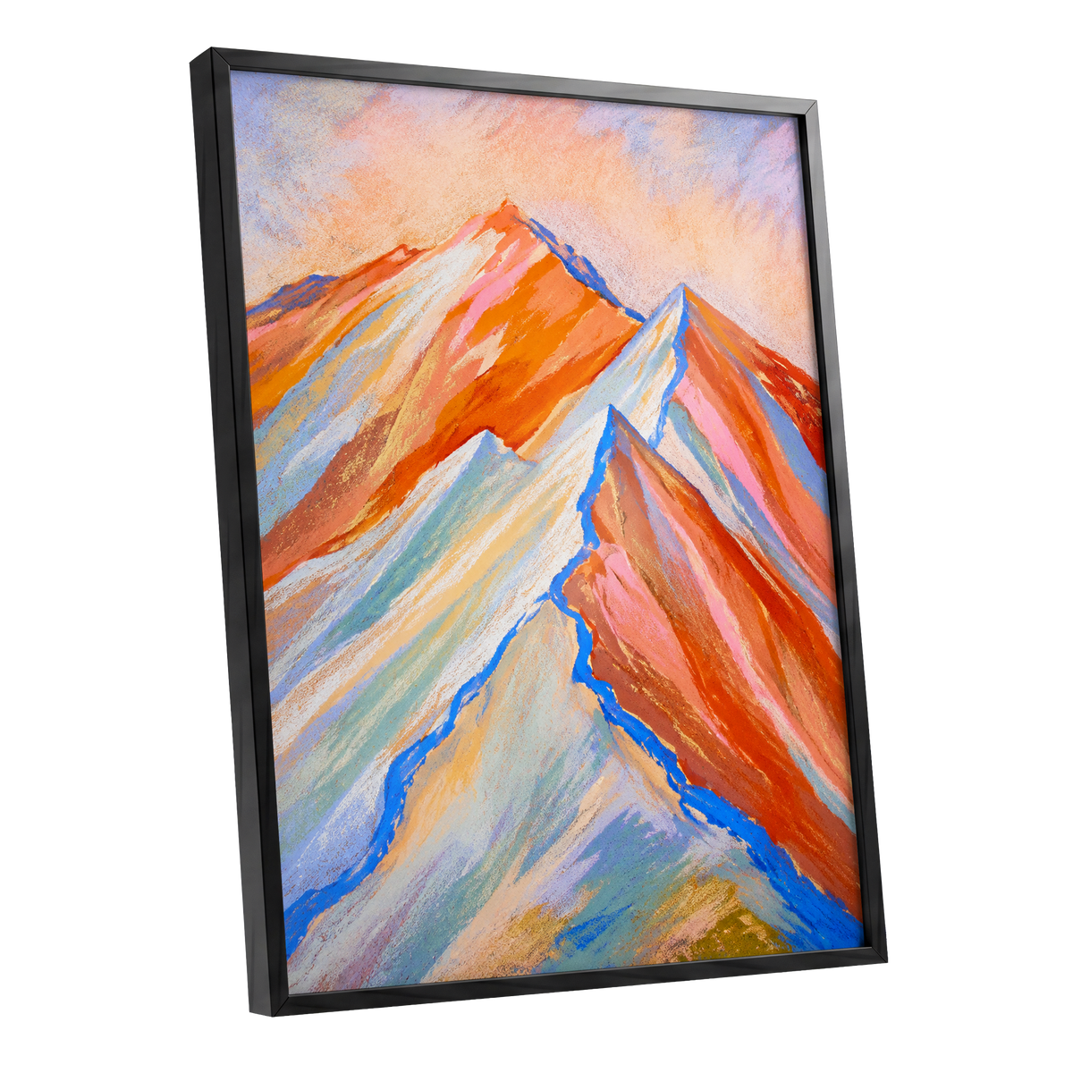 Peaks in Peach, orange, pink, blue nature wall art shown as a black framed poster wall art print