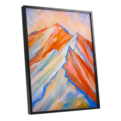 Peaks in Peach, orange, pink, blue nature wall art shown as a black framed poster wall art print