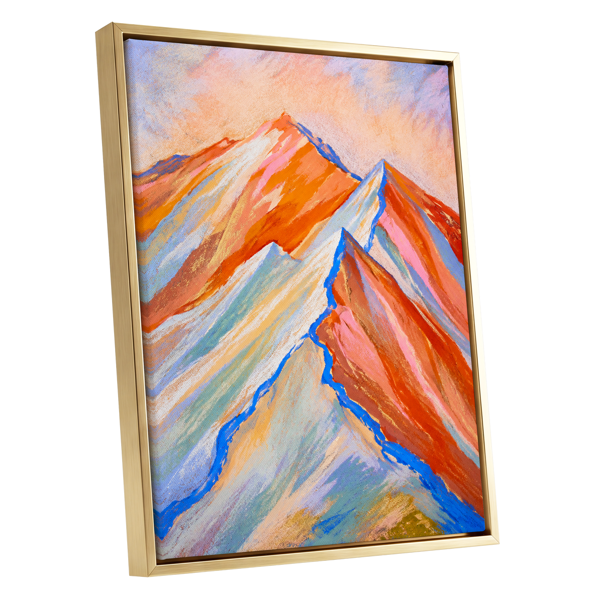 Peaks in Peach, orange, pink, blue nature wall art shown as a gold framed canvas wall art