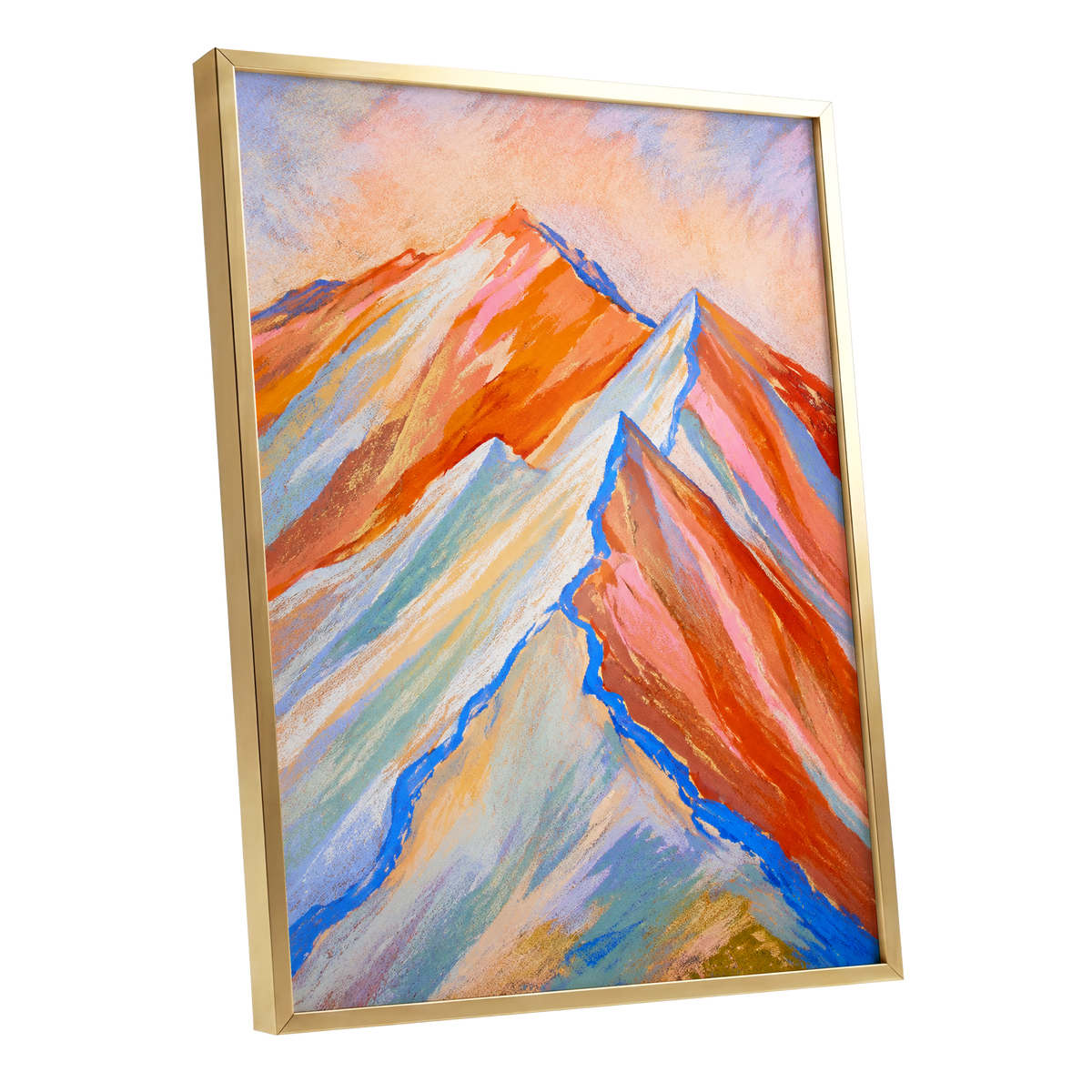 Peaks in Peach, orange, pink, blue nature wall art shown as a gold framed poster wall art print