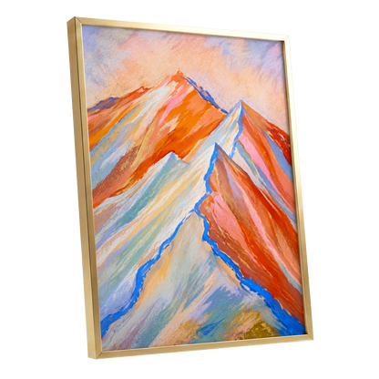 Peaks in Peach, orange, pink, blue nature wall art shown as a gold framed poster wall art print