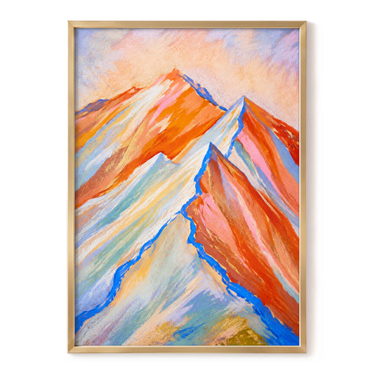 Peaks in Peach, orange, pink, blue nature wall art, front artwork view