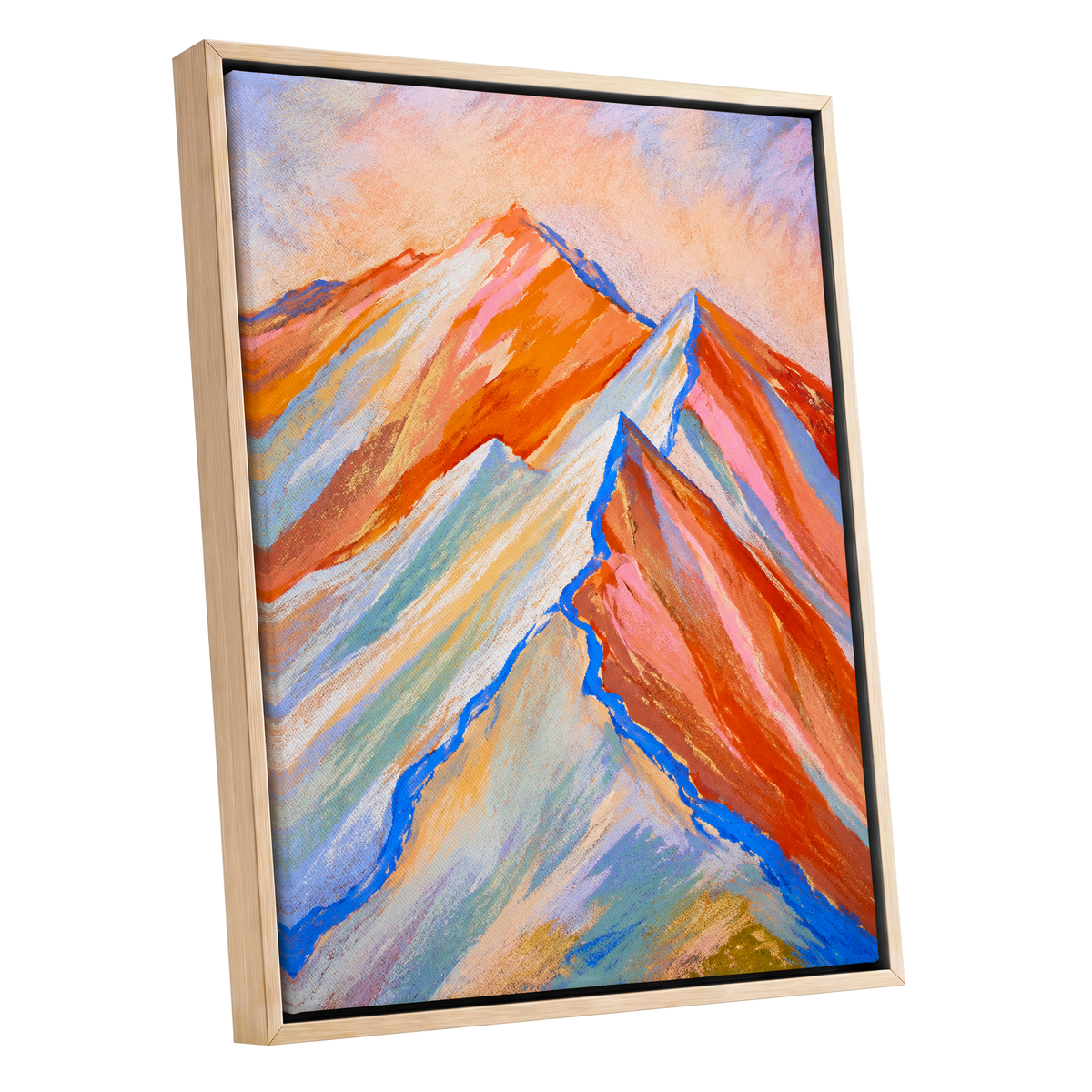 Peaks in Peach, orange, pink, blue nature wall art shown as a oak framed canvas wall art