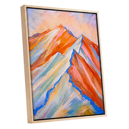 Peaks in Peach, orange, pink, blue nature wall art shown as a oak framed canvas wall art