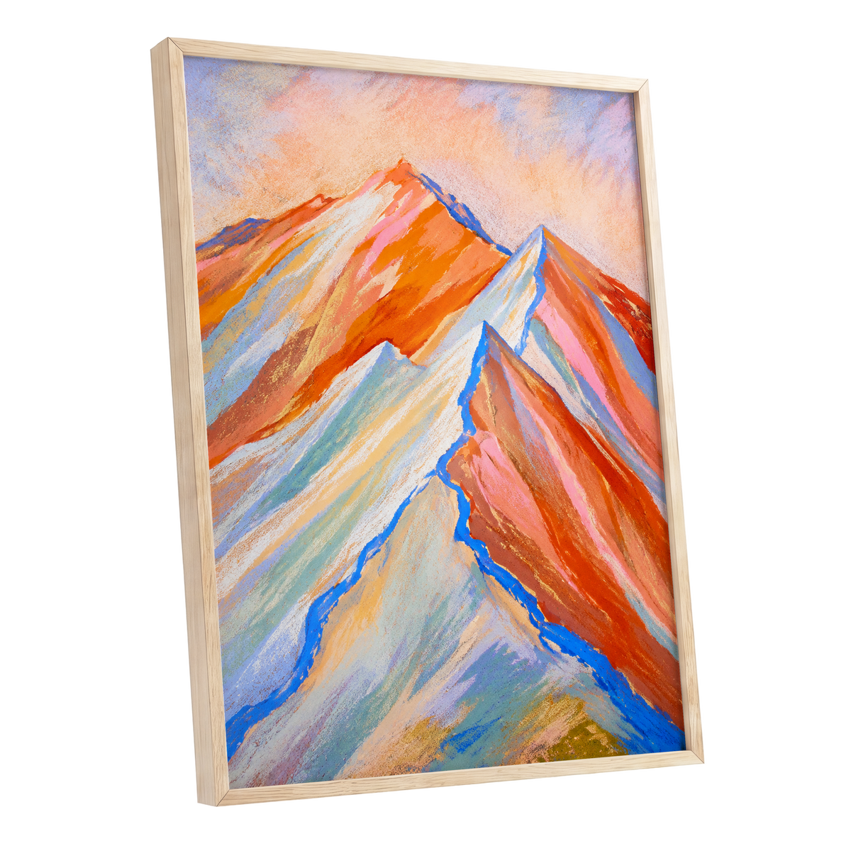 Peaks in Peach, orange, pink, blue nature wall art shown as a oak framed poster wall art print