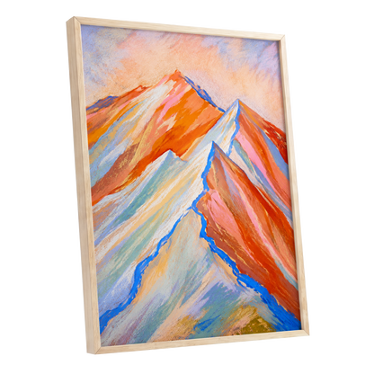 Peaks in Peach, orange, pink, blue nature wall art shown as a oak framed poster wall art print