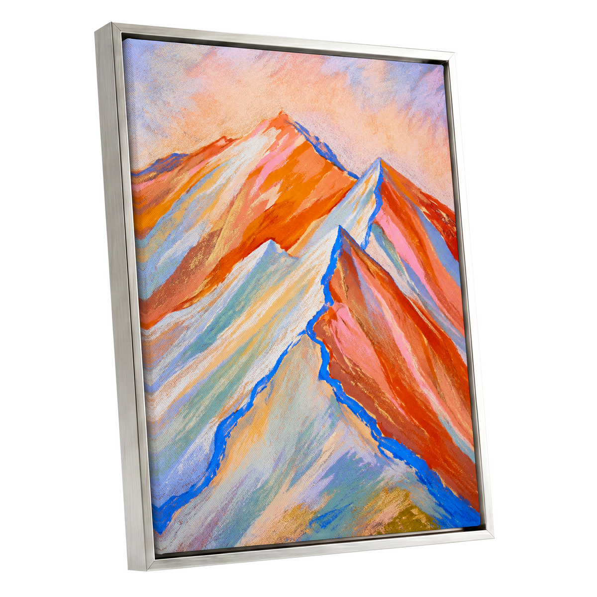 Peaks in Peach, orange, pink, blue nature wall art shown as a silver framed canvas wall art