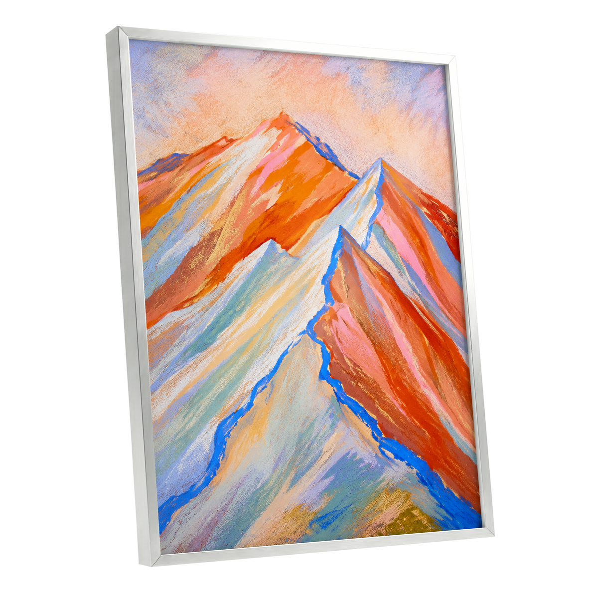 Peaks in Peach, orange, pink, blue nature wall art shown as a silver framed poster wall art print