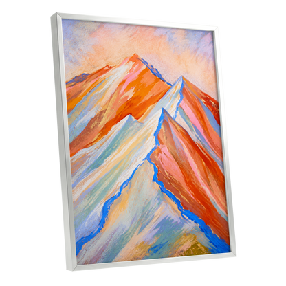 Peaks in Peach, orange, pink, blue nature wall art shown as a silver framed poster wall art print