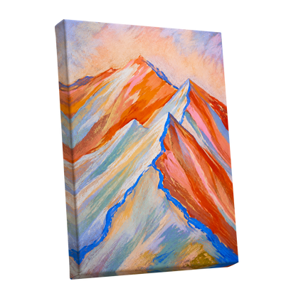 Peaks in Peach, orange, pink, blue nature wall art shown as a stretched canvas wall art