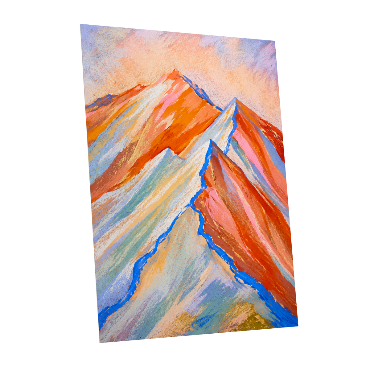Peaks in Peach, orange, pink, blue nature wall art shown as a unframed poster wall art print
